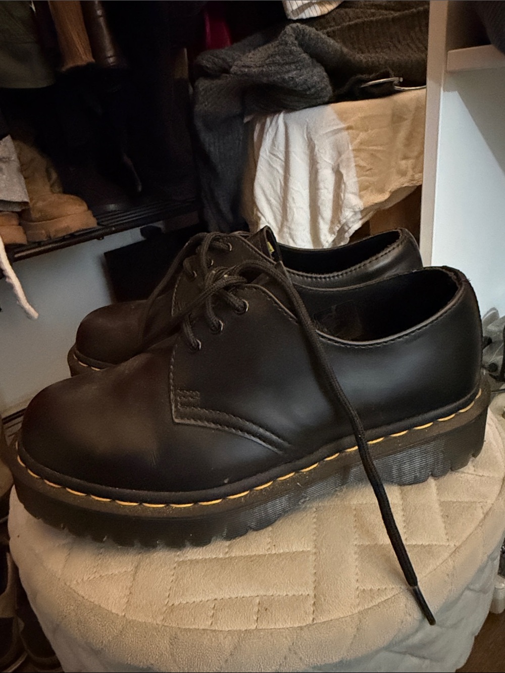 Dr. Martens Black Leather Platform Derby Shoes with Yellow Stitching